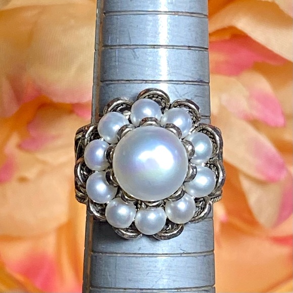 Vintage Estate Pearl Flower Cluster Ring ~ 925 Sterling Silver Antique Scroll - Picture 12 of 15